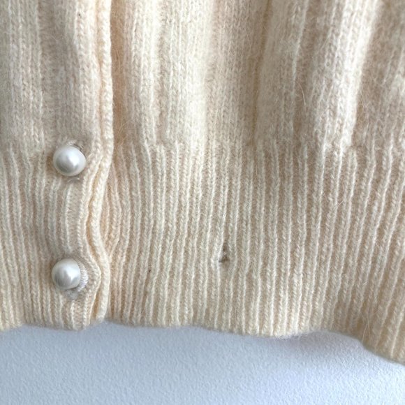 True Vintage 80s Angora Cardigan Puff-sleeve Sweater Pearl Buttons M - Picture 5 of 5